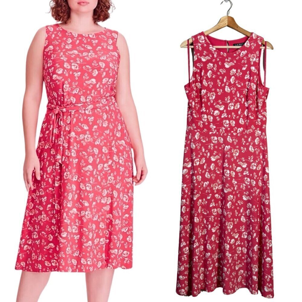Lauren Ralph Lauren Sleeveless Floral Fit & Flare Midi Dress Womens 12 Pink Chic